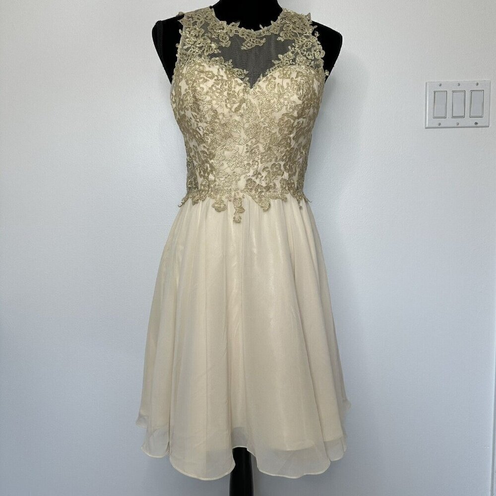 Fairycore Gold Lace Midi Dress‎ Beige Size 8 sheer